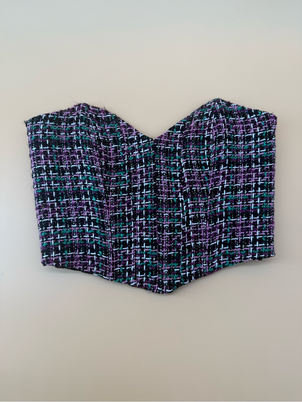 Zara Tweed Strapless Bustier Top in Black, Purple & Teal